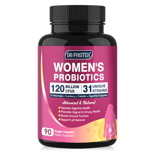 DRFOSTER Probiotics for Women Digestive Health, Vaginal probiotics 120 Billion CFU 31 Strains with Digestive Enzymes & Prebiotics & D Mannose & Cranberry for Urinary Tract, 90 Capsules