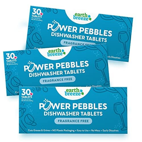 Earth Breeze Power Pebbles Dishwasher Tablets, Tough on Grease, Gentle on Dishes, Fragrance Free Dish Detergent & Dishwasher Cleaner, Kitchen Cleaning Supplies for Sparkling Results, 90 Tabs (3-Pack)