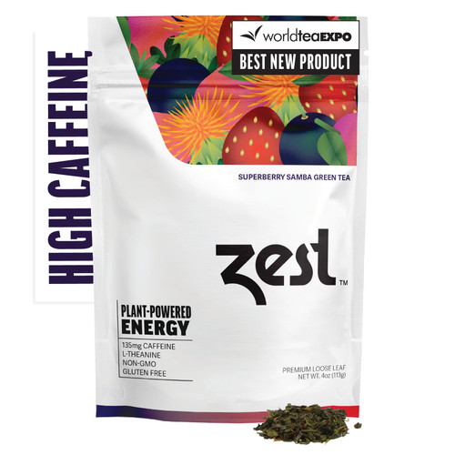 Zest Energy Green Tea - Superberry Samba Loose Leaf - High Caffeine Strawberry & Passion Fruit - Caffeinated Coffee Altnernative with Antioxidants - Natural, Non-GMO & Keto - 50 Servings - 135mg Caf
