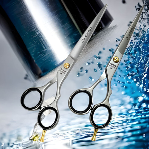 PROFESSIONAL HAIRDRESSING BARBER SCISSORS PAIR GERMAN STAINLESS STEEL MADE SHEARS WITH POLISHED FINISH SIZE 6.5" + 6" (CYNAMED)