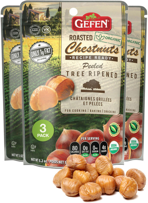 Gefen Organic Whole Peeled and Roasted Chestnuts, 3oz (3 Pack) | Chestnuts Peeled and Ready to Eat | Great for Cooking & Baking | Gluten Free | Kosher