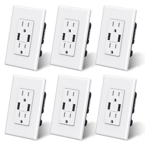 ELEGRP USB Outlet, 15 Amp Wall Outlet with Dual USB A Ports, 4.0A USB Outlets Receptacles, TR Tamper-Resistant USB Wall Outlets, Wall Plate Included, UL Listed (6 Pack, Glossy White)
