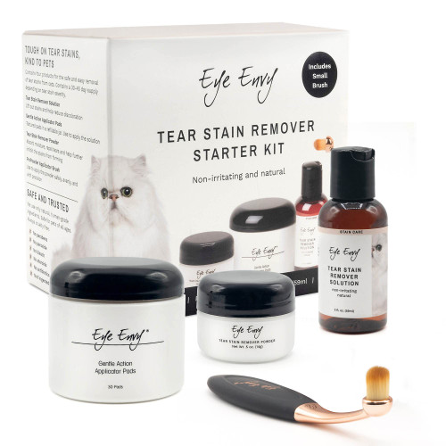 Eye Envy Cat Tear Stain Remover Starter Kit with ProPowder Brush. Stain Solution, Applicator Pads, Stain Powder, and Small Applicator Brush. Tear Stain Treatment Kit. Lasts 30-45 Days. Made in USA.