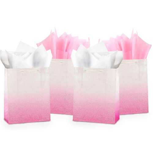 UNIQOOO 12Pcs Pink Glitter Ombre Gift Bags Bulk, 100% Recyclable Gift Wrapping Paper Bags, for Bridal Baby Shower, Wedding Birthday Party Favor Thank You Bag, Easter, Mother's Day, Medium 9x7x4 inch