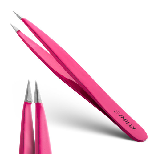 By MILLY Pointed Tweezers | High Carbon Stainless Steel Needle Nose | Fine Point Precision Hair Removal | Perfectly Aligned & Hand-Filed Sharp | Pink