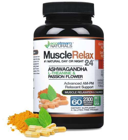 ecostream Naturals MuscleRelax 24/7 Supports Muscle Relaxation, Day or Night Use, Naturally Derived Ingredients - Safe and Effective - Gluten-Free - 60 Vegetarian Capsules