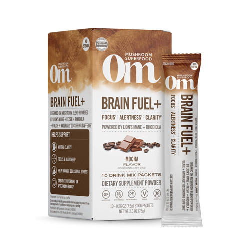 OM MUSHROOM SUPERFOOD Brain Fuel Plus Mushroom Powder Drink Mix, Mocha Flavor, Single Serve, 10 Count, Lions Mane & Rhodiola, Memory & Focus Support Supplement