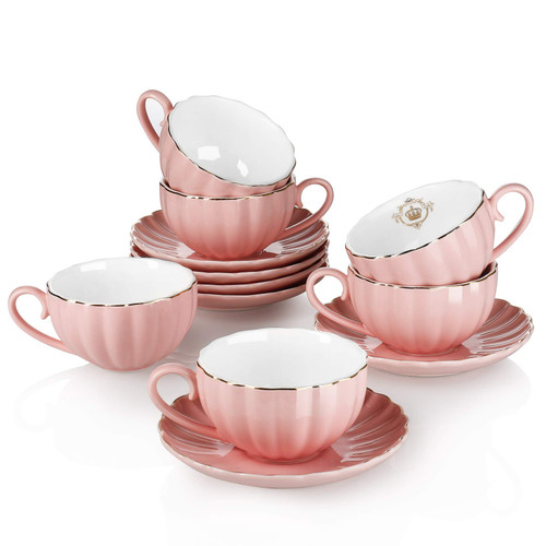 Amazingware Royal Tea Cups and Saucers, with Gold Trim and Gift Box, British Coffee Cups, Porcelain Tea Set, Set of 6 (8 oz)- Pink
