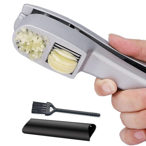 Garlic Press 2-in-1 Mincer, Crusher and Slicer with Peeler & Brush – Rustproof, Dishwasher Safe, Ergonomic Handle for Easy Squeeze and Cleaning