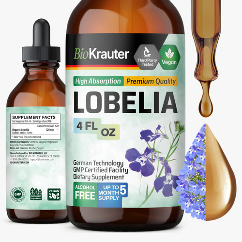 BIO KRAUTER Lobelia Tincture for Lung Cleanse & Detox - Pure Vegan Lobelia Herb Liquid Extract - 4 Fl.Oz 168 Days of Supply - Respiratory Support Supplement - Alcohol & Sugar Free, Non-GMO