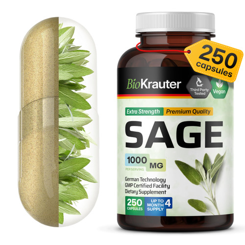 BIO KRAUTER Sage Supplement Capsules 1000 mg - 250 Vegan Caps - Supplement with Salvia Officinalis - Immune & Digestive Support - Rich in Antioxidants