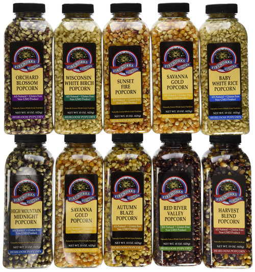 Fireworks Organic Popcorn Kernels - Assorted Gourmet Heirloom Variety Pack – 10 Bottles (15 oz Each) - For Popcorn Makers, Stovetop, or Air Popper - Non-GMO, Natural Snack Sampler Case
