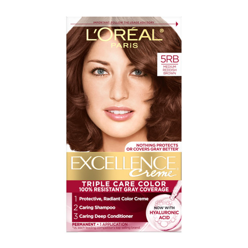 L'Oreal Paris Excellence Crème Permanent Hair Dye, Triple Care Hair Color with Pro-Keratine Complex for 100% Gray Hair Coverage, 5RB Medium Reddish Brown, 1 Kit