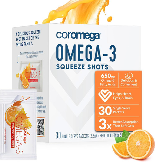 Coromega Omega 3 Fish Oil Supplement, 650mg of Omega-3s with 3X Better Absorption Than Softgels, Orange Flavor, 30 Single Serve Squeeze Packets