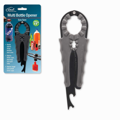 Jokari Multi Bottle Opener for Jars Bottles and Cans 3 in 1 Easy Grip Lid Opener for Weak Hands Twist Caps Pull Tabs Pop Tops and Small Lids Arthritis Aid Manual Kitchen Tool Black