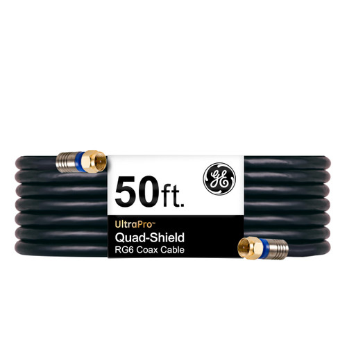 GE RG6 Coaxial Cable, 50 ft. F-Type Connectors, Quad Shielded Coax Cable, 3 GHz Digital, in-Wall Rated, Ideal for TV Antenna, DVR, VCR, Satellite, Cable Box, Home Theater, Black, 33532