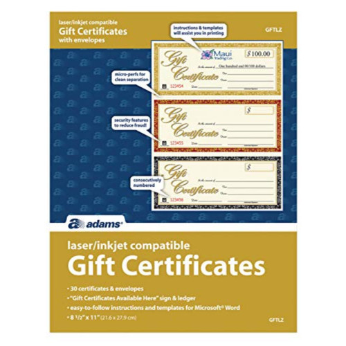 Adams Gift Certificates, Laser/Inkjet Compatible, 3-Up, 30 per Pack with Envelopes (GFTLZ),White