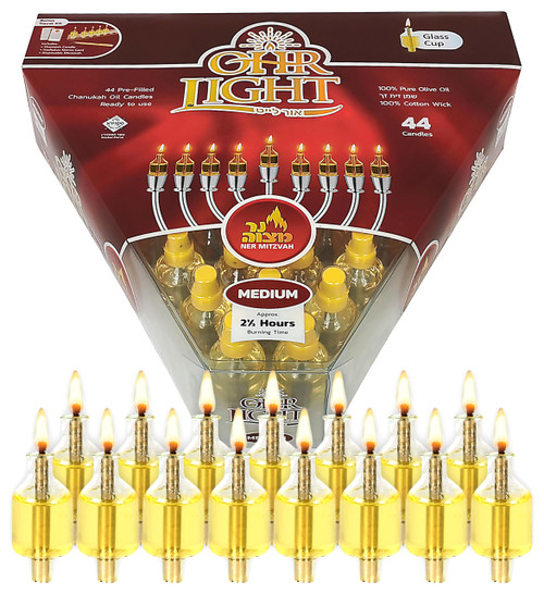 Ner Mitzvah Pre - Filled Menorah Oil Cup Candles, Hanukkah Ohr Lights, 100% Olive Oil with Cotton Wick in Glass Cup - Medium (Pack of 44) Burns Approx. 2 1/2 Hrs