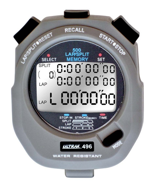 Ultrak 496 500-Lap Stopwatch, Dual-Split Memory Sports Timer with LCD Display, Water-Resistant, Stroke Rate & Countdown, Long-Life Battery