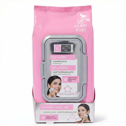 Global Beauty Care Collagen Makeup Remover Wipes - Gentle Daily Facial Cleansing Wipes for Sensitive Skin, Hydrating, Firming & Renewing For Smooth Radiant Skin, Travel-Friendly, 60 Count (1-Pack)