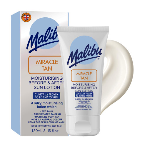 Malibu Miracle Tan Extender Lotion - After Sun Lotion & Deep Bronzing Enhancer, Hydrating Body Moisturizer with Aloe Vera & Vitamin E, Boosts Melanin, Summer Vacation Essential, Made in UK, 5 Fl Oz