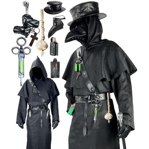 Absolute Vibe Plague Doctor Costume Set Halloween Props Renaissance Medieval Monk Priest Cosplay Outfit Mask Hat Robe Cane (Black, M)