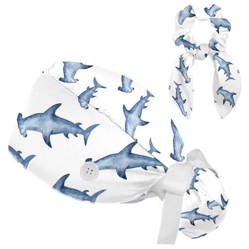 Medical Caps for Women with Bow Scrunchies,Long Hair Working Caps Adjustable Tie Back Hat, Hammerhead Shark Pattern Bouffant Scrub Hats