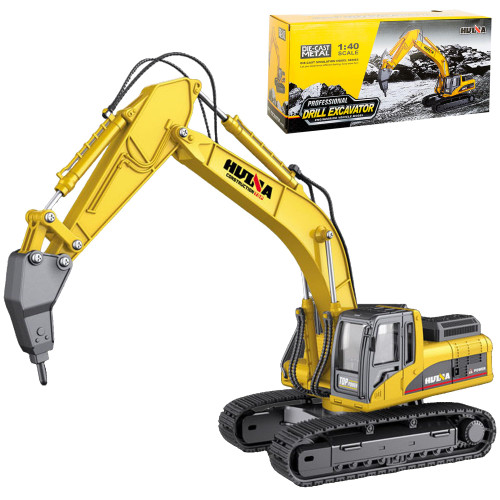 Qcar Large Drill Excavator Construction Vehicle Toys Heavy Duty Alloy Hydraulic Hammer Truck, 1:40 Scale Diecast Site Drill Digger Toy Truck for Kids 8,9,10,11,12 Year Old and up