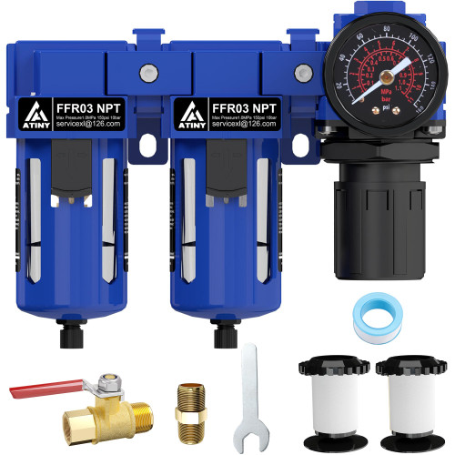 ATINY 3/8" NPT Air Dryer for Compressor,Double Air Filters,Air Compressor Filter Dryer,5 and 5 Micron Filter Cartridge,Semi-Auto Drain,Bass Ball Valve,Metal Bracket-Blue
