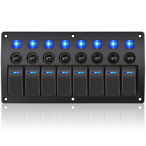 GGTA Marine Boat Switch Panel Waterproof, 8 Gang Circuit Breaker Panels，12V/24volt On/Off Blue led, Rocker Switch Panel for Boat with Circuit Breaker 4 * 10A/15A for Car RV UTV Truck