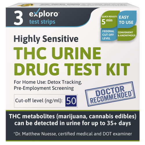 Exploro Highly Sensitive Marijuana Drug Test Kit, THC Drug Test Urine for Marijuana/Weed, Easy Home Drug Test Marijuana, THC Tests for Home for 50 ng/ml, THC Test Strips (Pack of 3)