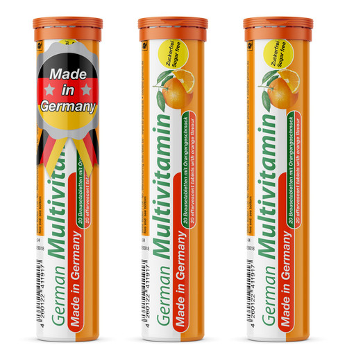 T&D German Multivitamin Drink Effervescnet Tablets 60 Servings Orange Flavour - Vitamin C, E, B1, B2, B6, B12, Biotin, Folic Acid, Niacin, Pantothenic Acid Pharma – Made in Germany