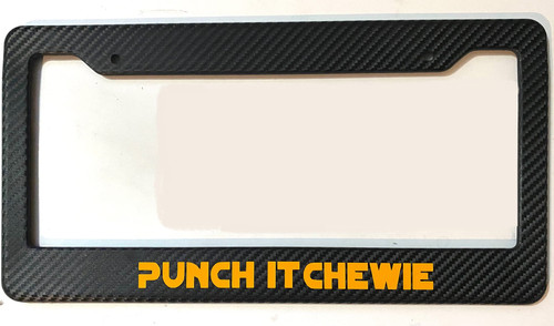 License Plate Frame Punch it in 3D - Carbon Fiber with Yellow Automotive License Plate Frame - Chewie Chewbacca