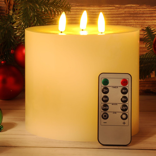 Retisee Extra Large Flameless Candles LED Battery Operated Real Wax 3 Wicks Flickering Pillar Candle with Remote Control Timer for Home Wedding Christmas Party Decoration (Ivory,6'' X 6'')