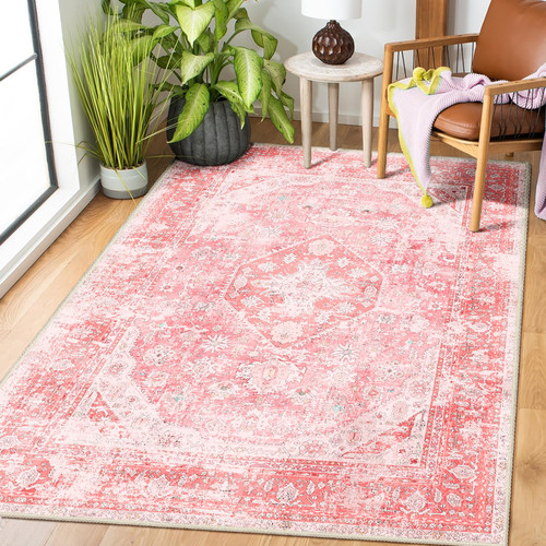 MUJOO Pink Rugs for Bedroom Girls 3'x5' Rug Washable Boho Area Rug for Living Room Small Cute Non Slip Throw Carpet for Bedside Dorm Shower Room Soft Light Pink Floral Home Decor