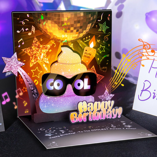 BYKOOO Birthday Card | Musical Pop Up Birthday Cards w Lights | Blow Out Candle and Play Rocking Happy Birthday Music Pop-Up Card | Cool Greeting Card for the Coolest | for Him & Her, Men & Women