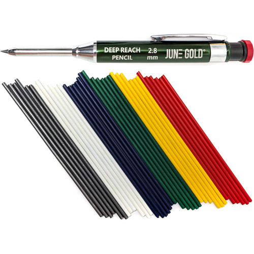 June Gold 2.8 mm Deep Reach Metal Carpenter Pencil, 36 Colored Refills, 6 Colors, 40 mm reach, 6 mm width, Built-in Sharpener, Construction, Shop, Glass, Machine, Indoor, and Outdoor