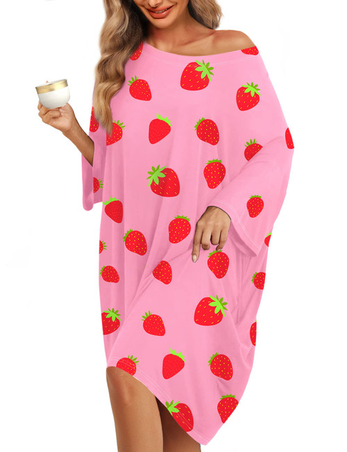 KFUBUO Plus Size Nightgowns for Women Oversized Sleep Tshirts Dress Pjs Lounge Short Sleeves Strawberry Sleepwear With Pocket Fit S-5XL