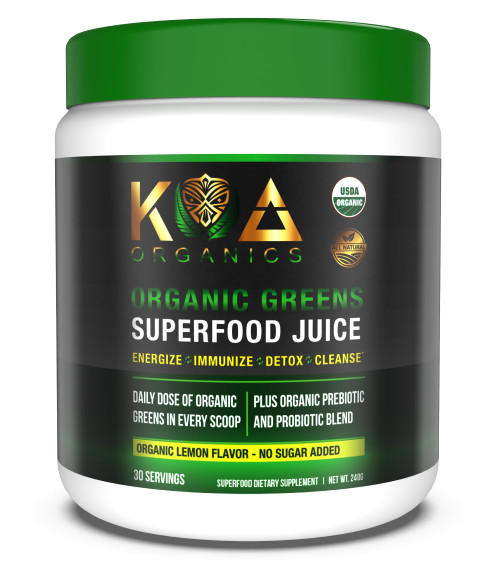 KOA Organics Greens Superfood Juice Powder - USDA Organic Super Greens Powder with with Spirulina, Chlorella, Matcha, Wheat Grass, Digestive Enzymes & Probiotics - Lemon Flavor -30 ServQ