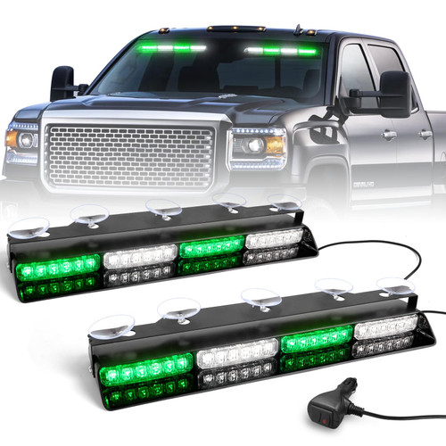HLauto 6Z4J Emergency Dash Strobe Lights: 2x16.8 inch Green White Safety Lights, 48 LED Flashing Warning Hazard Interior Windshield Visor Traffic Light Bar for Trucks, Construction Vehicles