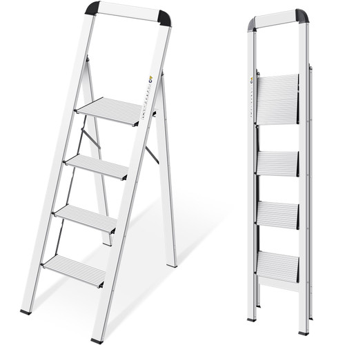 KINGRACK Aluminium 4 Step Ladder, Lightweight Step Stool with Non-Slip Pedals, Handrail, Foldable Step Ladder for Kitchen, Garage, Home, Space Saving, Sturdy and Portable, Silver