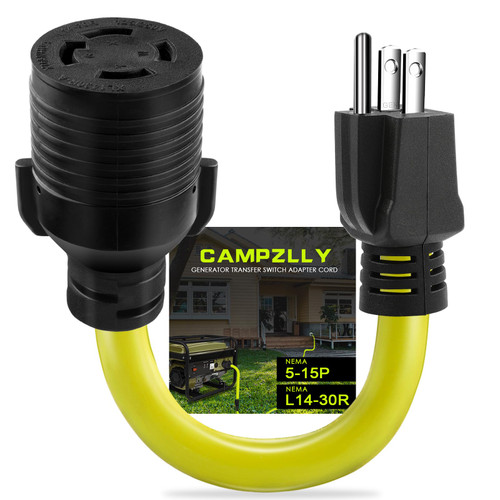 Campzlly NEMA 5-15P to L14-30R Power Adapter Cord, 5-15 Male Plug to 4 Prong Female Receptacle Twist Lock, Generator to House Inlet Box, ETL Listed