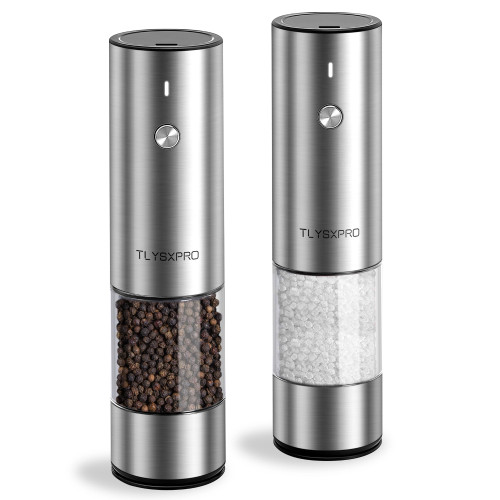 Electric Salt and Pepper Grinder Set, USB Rechargeable, Stainless Steel Automatic Salt and Pepper Mill Grinder with Adjustable Coarseness, Electric Salt Shakers, LED Light, Refillable (2 Packs)