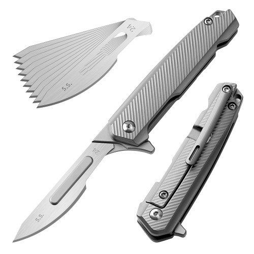 OLITANS T036 Folding scalpel knife, 2.9'' Titanium alloy handle, with 10pcs #24 Stainless Steel Blade, Outdoor EDC for Unpacking 1.3oz