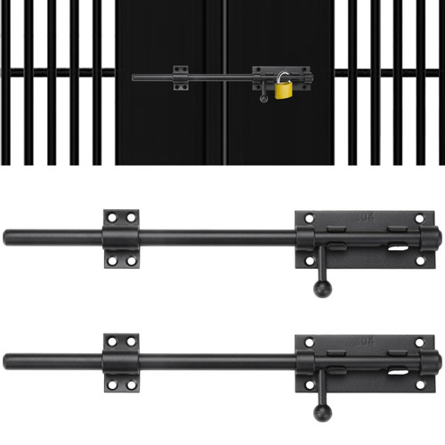 2 Packs 12" Slide Bolt Latches, Heavy-Duty 304 Stainless Steel Gate Door Slide Latches with 9 mm Padlock Hole, ½" Dia. Matte Black Barrel Bolt Locks for Gates, Barns, Fences