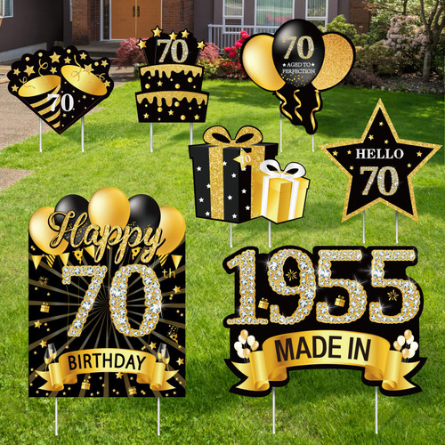 7Pcs Black Gold 70th Birthday Yard Sign Decorations for Men and Women,Happy 70th Birthday Made in 1955 Lawn Sign Party Supplies,Seventy Year Old Birthday Yard Decor with Stakes