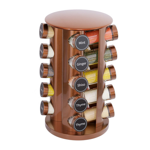 New England Stories Revolving Spice Rack Set with 20 Spice Jars, Kitchen Spice Tower Organizer for Countertop or Cabinet - Carousel Storage Includes 386 Spice Labels (Gold)