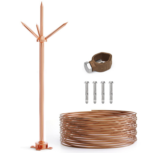 Lightning Rod,Copper Lightning Rod Protection System with 60 Feet 6AWG Down Conductor and Ground Rod Clamp UL Listed for House Roof Bungalow Tin House Farm (1.7FT, Lightning Rod with Down Conductor)