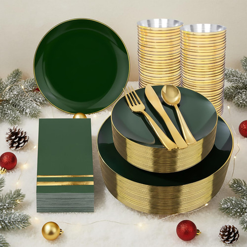 NOCCUR 350PCS Green Plastic Plates - Disposable Green Gold Dinnerware Set for 50 Guests, 100 Dinner/Dessert Plates, 150 Gold Silverware, 50 Cups&50 Napkins for Party/Wedding/Birthday/Christmas