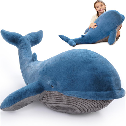 Tezituor 43.3 inch Giant Whale Stuffed Animal, Large Realistic Blue Stuffed Whale Plush Ocean Toys Gift for Christmas Birthday, Hugging 4ft Soft Whale Plush Body Pillow for Girls Boys